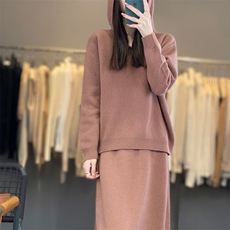 时尚简约一粒扣连帽毛衣套装显瘦百搭针织裙两件套，女装套装/套裙，宛庄羊绒