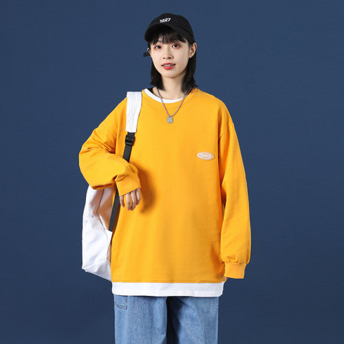 21秋季款中性假两件长袖T恤女宽松落肩袖衬衫DS-A160-1-T104-P35，男装T恤，电商C323-1