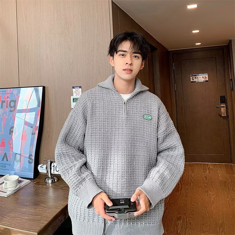 简约新款潮流毛混纺polo领毛衣男冬季男士浅灰色针织衫帽衫时尚,男装Polo衫,星座506A