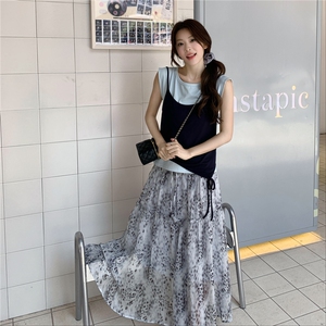 韩版轻熟风印花半身裙套装女2025年夏季新款不规则吊带上衣三件套图片