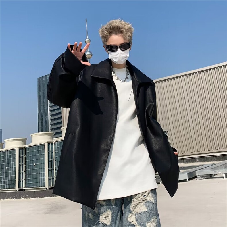 东方巴黎PU皮垫肩西装夹克简约上衣外套黑色M~XXLPW252,男装夹克,星座1116A-1（原606A）