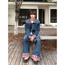 韩系格纹拼接短款垫肩牛仔夹克外套男女高级感复古潮流牛仔长裤子，男装工装外套，星座1210-1