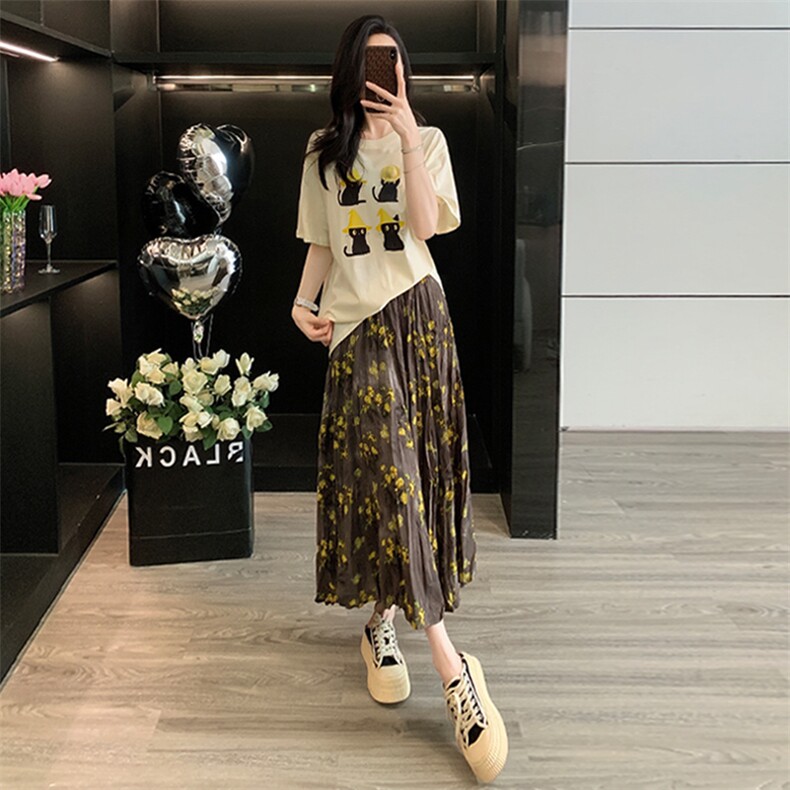 潮流时尚套装女夏新款简约甜美圆领短袖上衣黄花色碎花长裙两件套,女装套装/套裙,江南