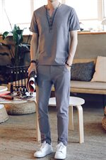 DY05*男士棉麻短袖T恤套装九分裤亚麻料休闲两件套装男*P55更，男装T恤，星座1516（原B303）