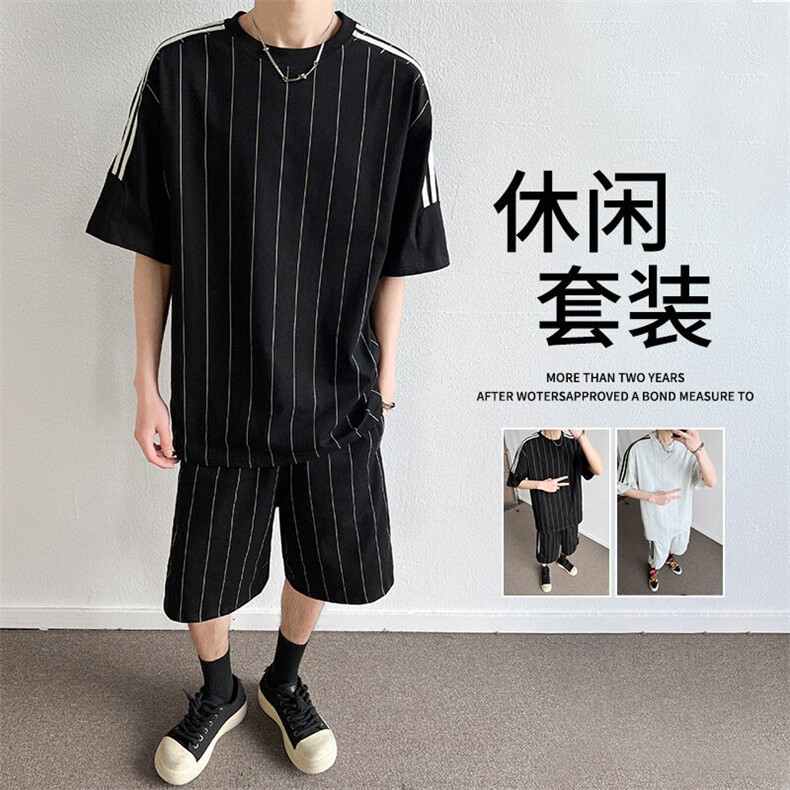 套装t恤男夏季薄款条纹款篮球休闲运动短袖短裤男装一套装图片