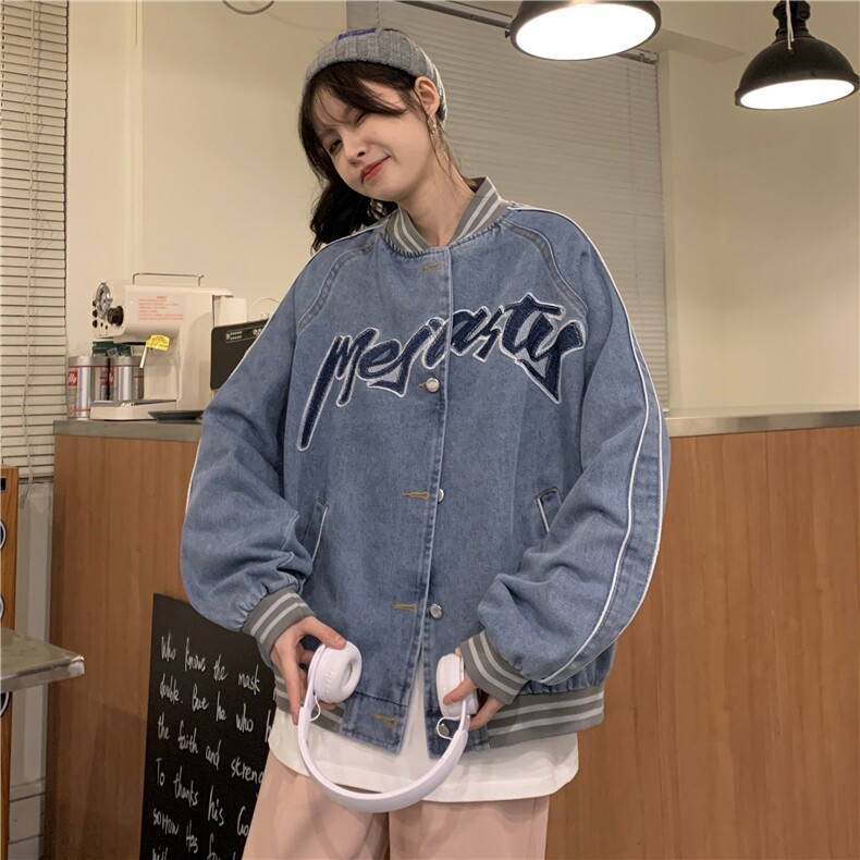 A428-P88刺绣牛仔夹克休闲棒球上衣秋季潮牌ins港风宽松拼接外套，男装夹克，星座911