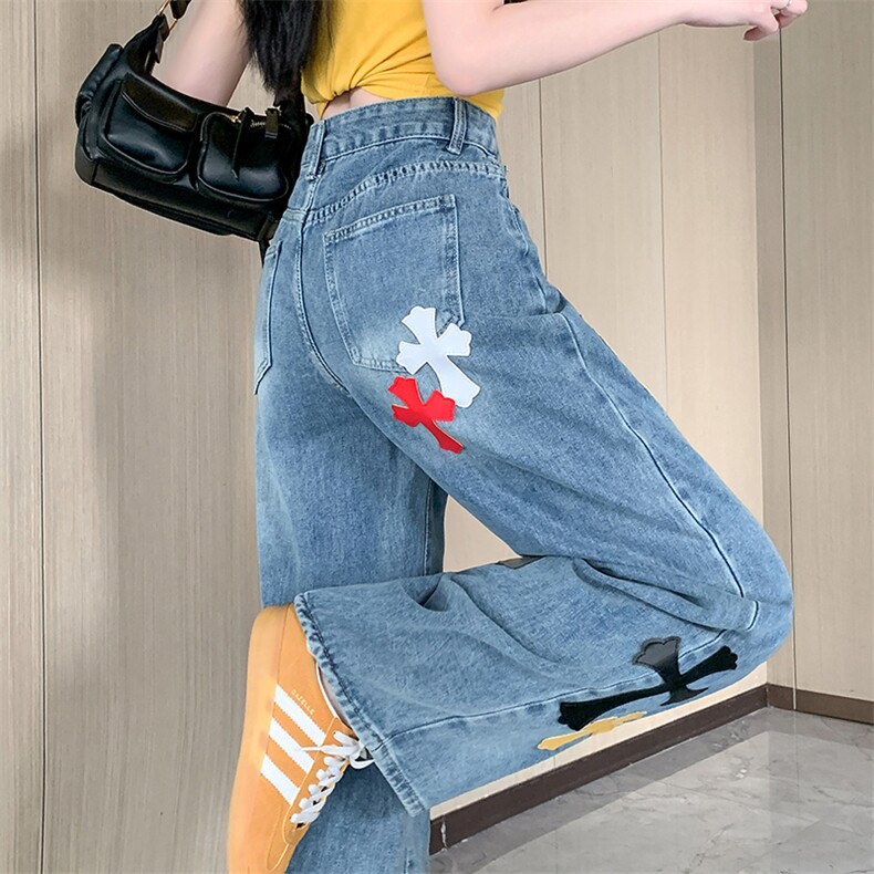 AK2324-P60美式辣妹彩绘十字架拼接牛仔女街头设计感牛仔长裤,女装休闲裤,星座617A-2