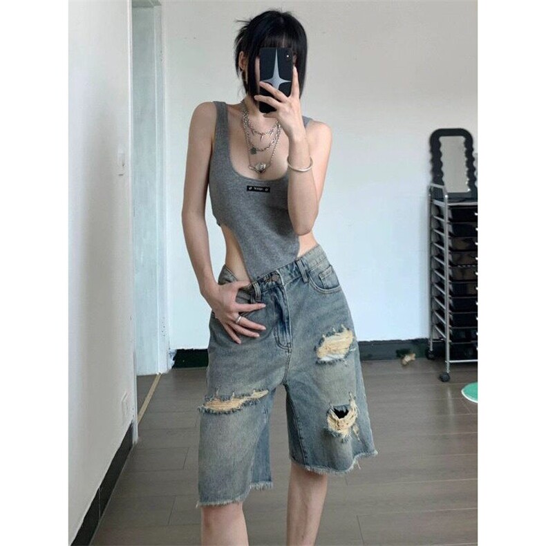 2025破洞毛边牛仔短裤男女夏季薄款美式高街宽松五分裤子,男装牛仔裤,星座506A