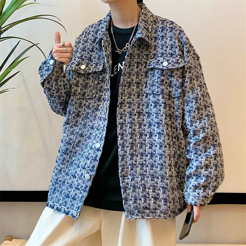 小香风夹克男新款宽松潮流潮牌美式外套百搭编织格子上衣~B80-p58,男装夹克,星座601-2