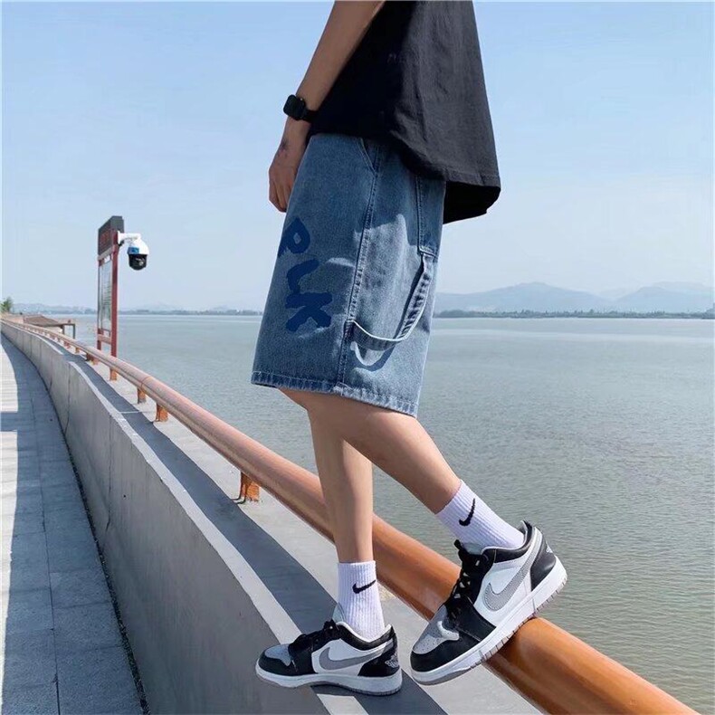 短裤男夏季美式复古个性潮牌宽松休闲裤男直筒阔腿运动五分裤,男装牛仔裤,星座506