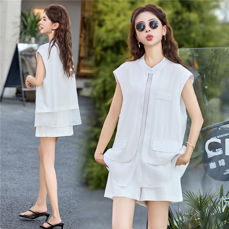 职业御姐套装女2025夏季新款欧韩货醋酸马甲网红短裤高级感两件套，女装套装/套裙，卡杰菲