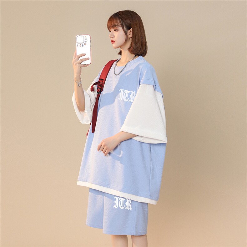 中性风2023夏季设计感小众华夫格字母休闲套装TZ621P75控98,女装运动套装,A247A