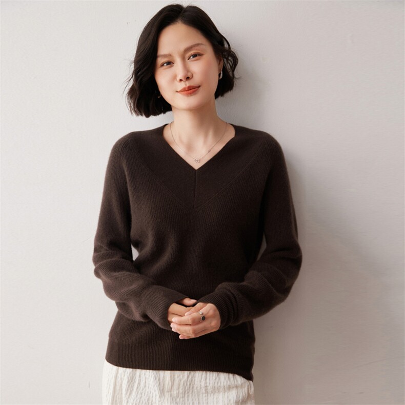 秋冬新款洋气时尚百搭显瘦女款V领35%山羊绒衫,女装羊绒衫,艾巧羊绒