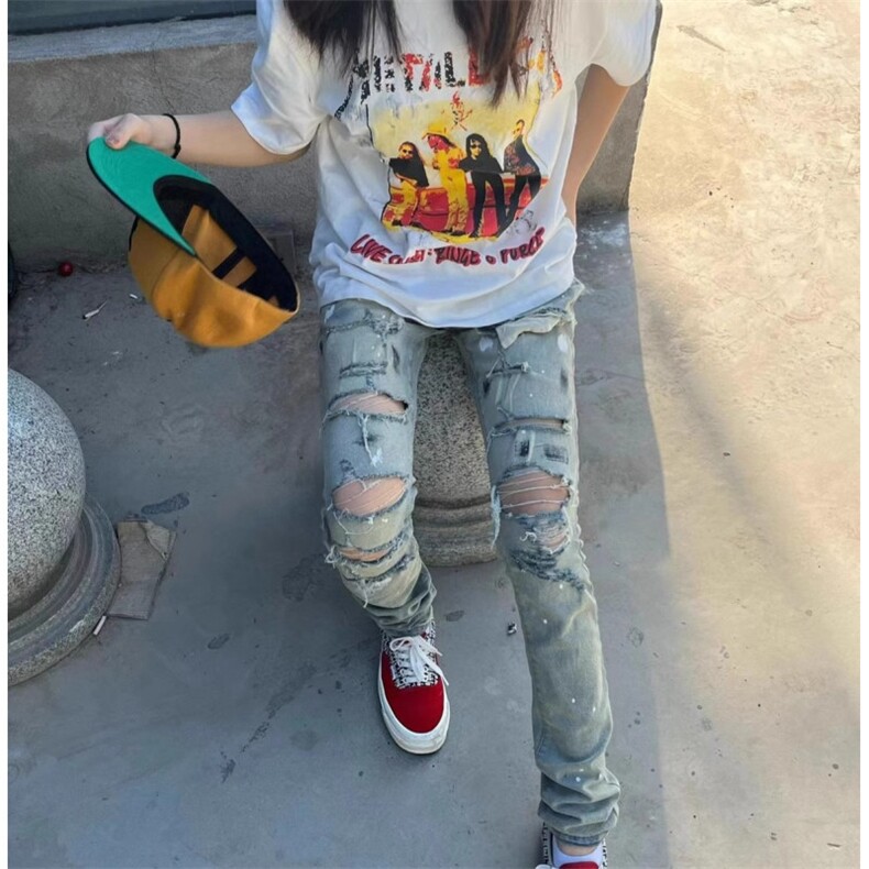 美式破洞设计牛仔裤青少年水洗直筒蓝色男长裤图片