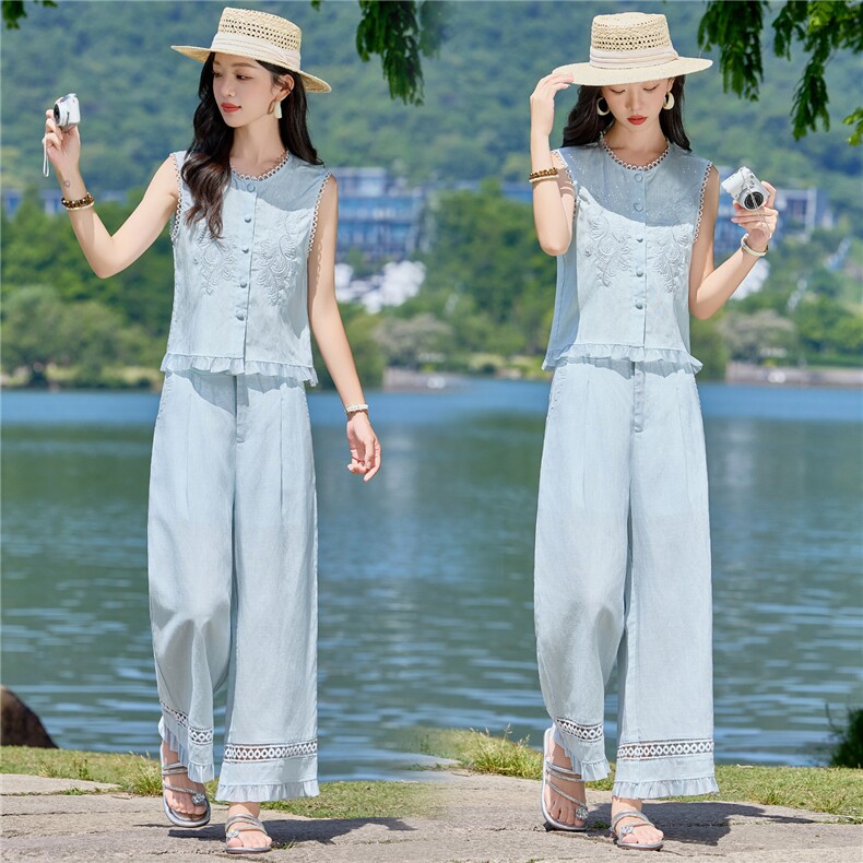 2026夏新款亚麻重工刺绣蕾丝花边拼接马甲阔腿裤套装图片