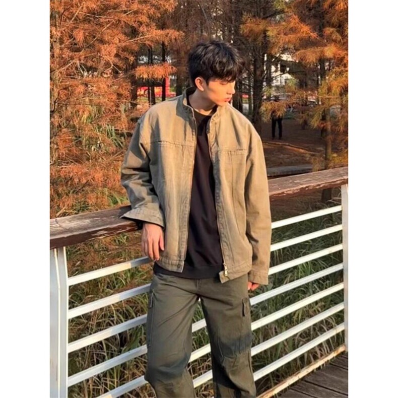 美式复古哈灵顿水洗立领外套男春秋潮牌cleanfit短款痞帅工装夹克,男装夹克,四季星座505