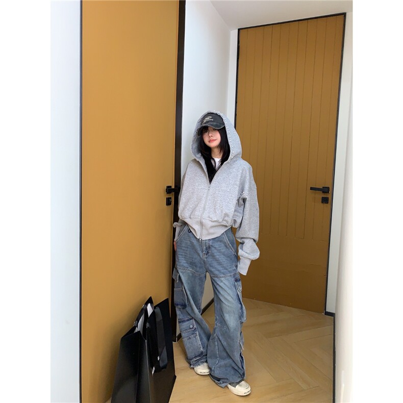 HY0630-P58网图华棉复合350克原版钉珍珠短款连帽外套女复古修身,女装卫衣/绒衫,电商C233