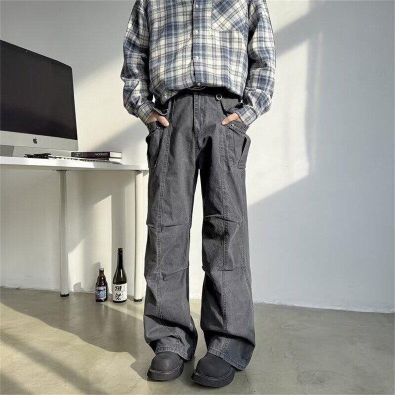 CL0261-P56美式复古褶皱设计感工装裤宽松高街vibe直筒休闲裤潮，男装休闲裤，电商C233