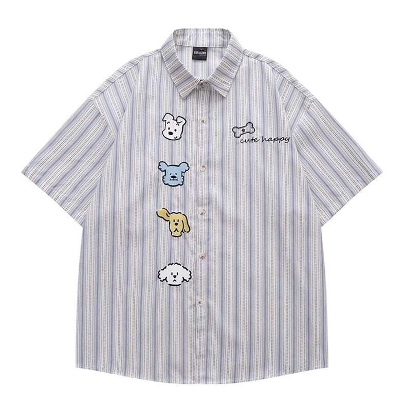 TC651-p40好质量可爱小狗刺绣条纹短袖衬衫女夏季美式上衣，女装衬衫，星座617A-2