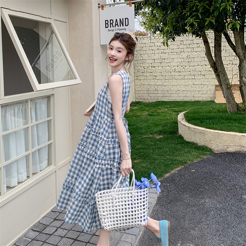 蓝白格撞色木耳边无袖连衣裙女2025夏季新款韩系减龄俏皮漂亮长裙,女装连衣裙,浙宝276（原081）