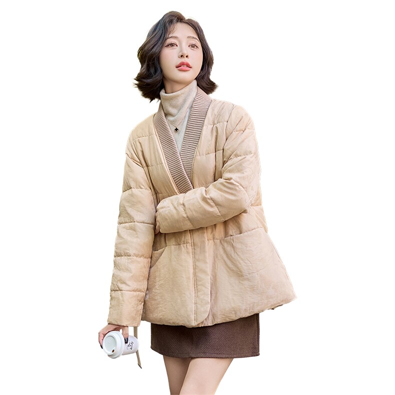 2025年冬季A字小个铜氨丝羽绒服冬装女浴袍式系带收腰V领复古提花,女装羽绒服,韩蜜菓