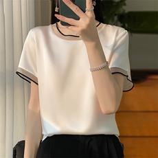 短袖女潮ins潮上衣服2024年夏季简约套头，女装蕾丝衫/雪纺衫，绒宛羊绒