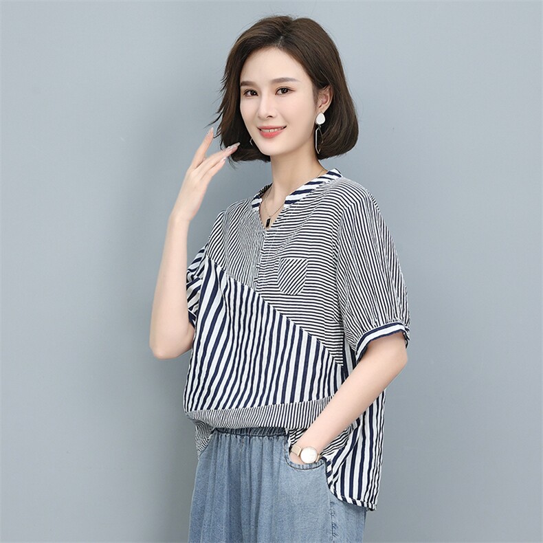 时尚条纹宽松短袖衬衫女夏季新款韩版百搭显瘦上衣休闲女装,女装衬衫,叶笙衣