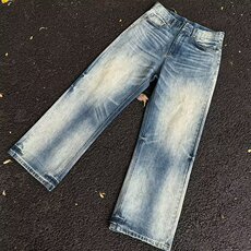 复古美式水洗蓝色牛仔裤男春秋季设计感潮牌宽松直筒阔腿休闲裤子，男装牛仔裤，星座302B