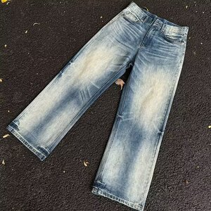 复古美式水洗蓝色牛仔裤男春秋季设计感潮牌宽松直筒阔腿休闲裤子图片