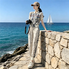 休闲运动套装女夏季新款韩版显瘦拉链开衫短袖卫衣束脚卫裤两件套，女装套装/套裙，江南