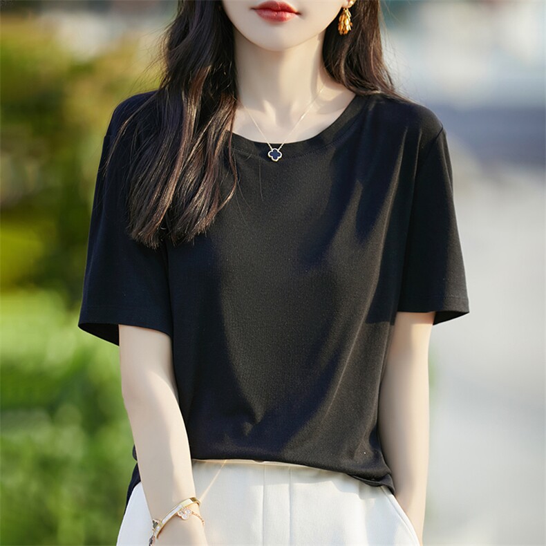 简约纯色莱赛尔真丝亲肤短袖T恤女圆领宽松醋酸垂感宽松半袖上衣,女装T恤,臻维羊绒