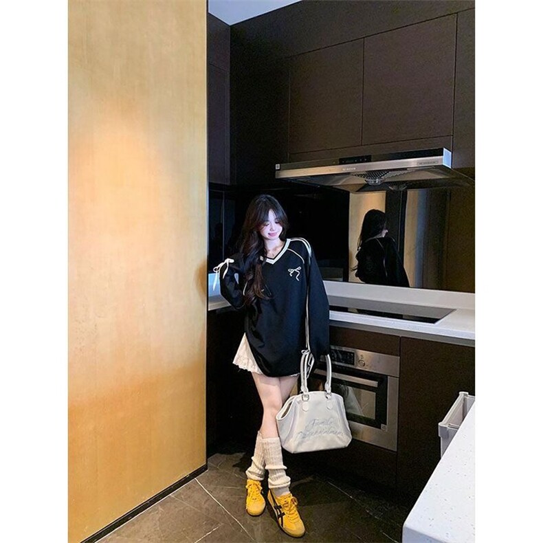 美式运动白色球衣v领条纹长袖T恤女春秋chic蝴蝶结设计感休闲上衣,男装T恤,星座506A