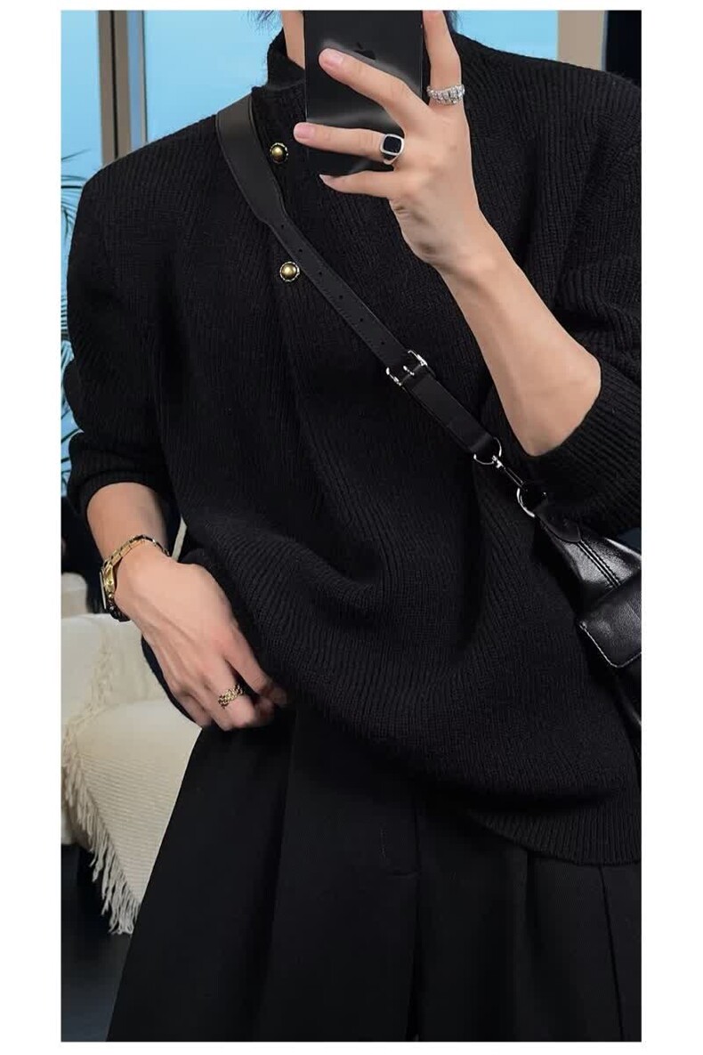 950克重磅侧扣高级感时尚百搭复古高领纽扣设计针织毛衣LF09P75特,男装针织衫/毛衣,电商D256-2(原A064-2)