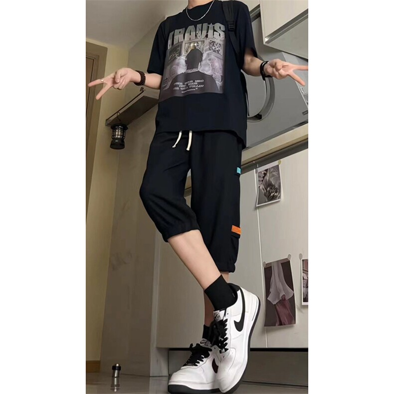 抖音品质）夏季高街宽松束脚华夫格七分运动裤货号QF25,女装休闲裤,电商A063