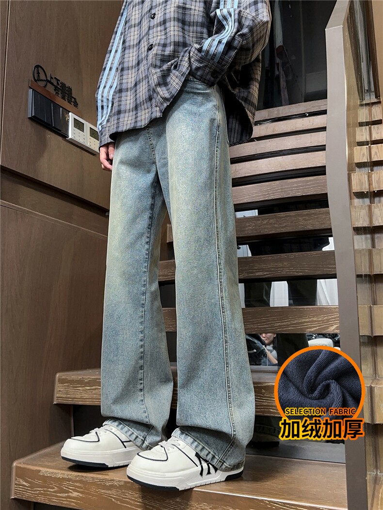 潮流痞帅牛仔裤男冬季加厚宽松直筒青少年长裤J8065-P45/加绒P55,男装牛仔裤,星座509