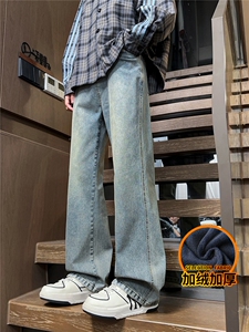 潮流痞帅牛仔裤男冬季加厚宽松直筒青少年长裤J8065-P45/加绒P55图片