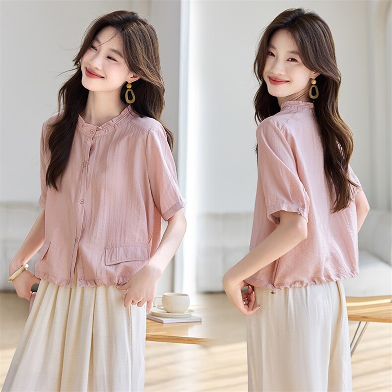现货2025年夏季新款漂亮气质棉质短袖上衣宽松显瘦衬衣，女装衬衫，木子恋