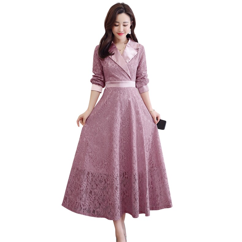 连衣裙2021春季新款百搭修身花色西装领蕾丝长裙镂空淑女,女装连衣裙,瑶迪依秀