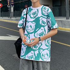 港风小熊印花半袖男夏季ins潮流圆领短袖T恤潮流T129P35控49，男装T恤，电商A089-1