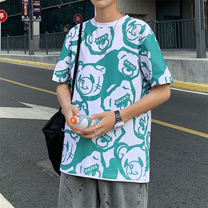 港风小熊印花半袖男夏季ins潮流圆领短袖T恤潮流T129P35控49图片