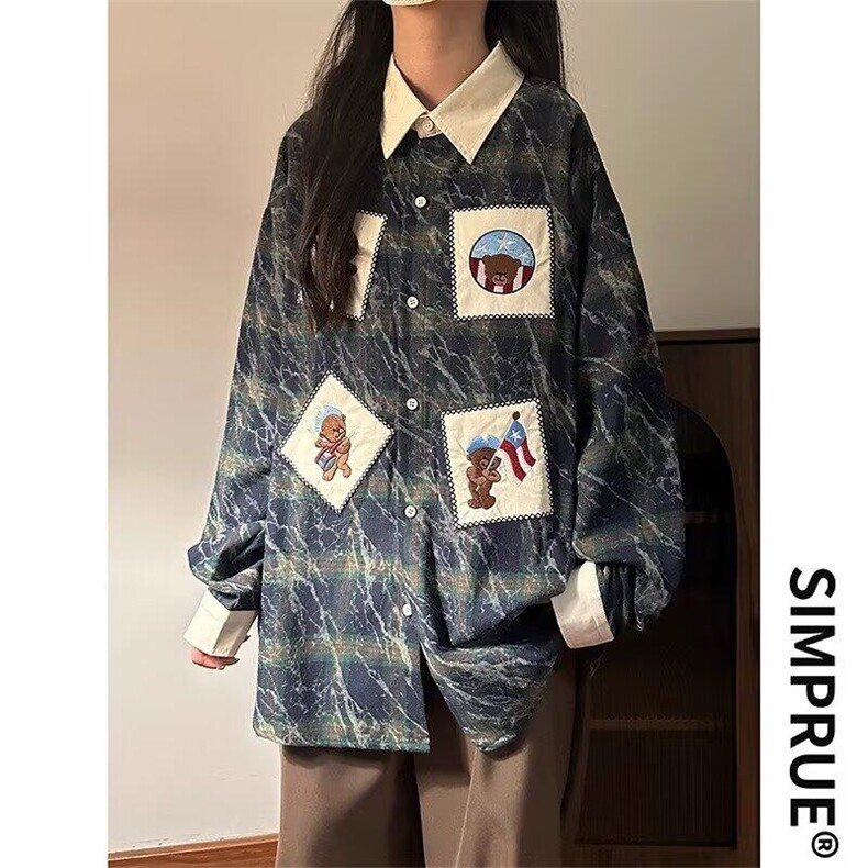 春秋美式复古格子小熊贴布绣长袖衬衫男女休闲宽松衬衣外套上衣潮,男装衬衫,星座506A