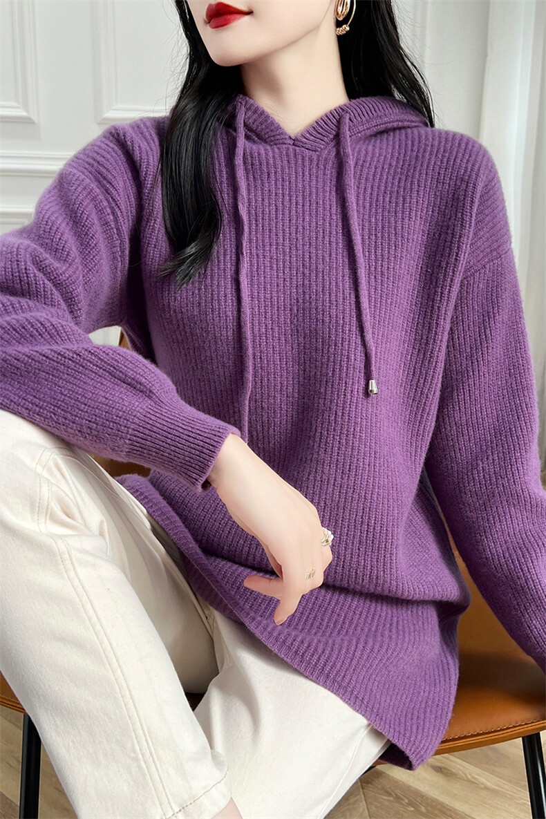 帽檐抽绳中长款宽松慵懒风羊毛衫连衣裙女秋冬季加厚连帽,女装连衣裙,蒙特羊绒