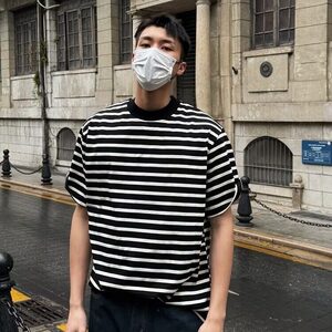 【现货】DA145-P40黑白条纹短袖T恤男重磅潮牌美式复古5五分袖夏图片