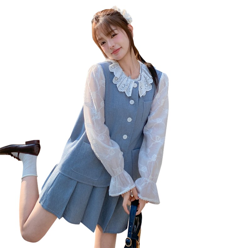 韩系设计感套装女2026新款超火减龄上衣马甲百褶裙穿搭三件套,女装套装/套裙,浙宝128A