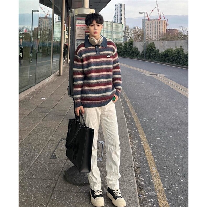 网图慵懒覆古老钱风翻领针织衫polo领条纹毛衣A025-GM19823-P59,男装针织衫/毛衣,电商A025