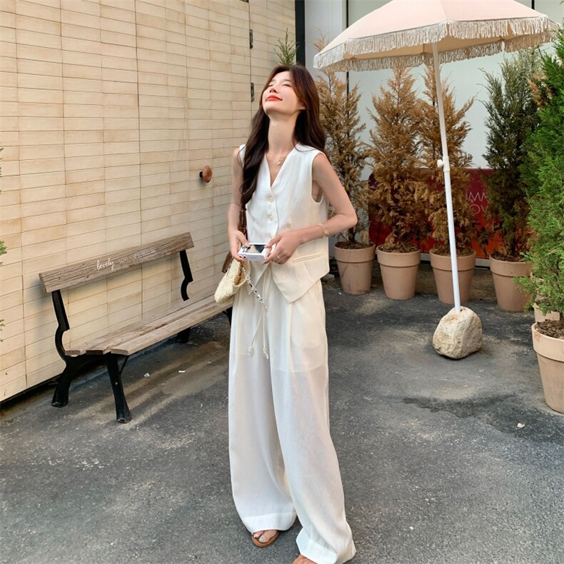 老钱风白色西装马甲阔腿裤套装女夏流行两件套巨好看大方得体ootd,女装套装/套裙,莘蕾