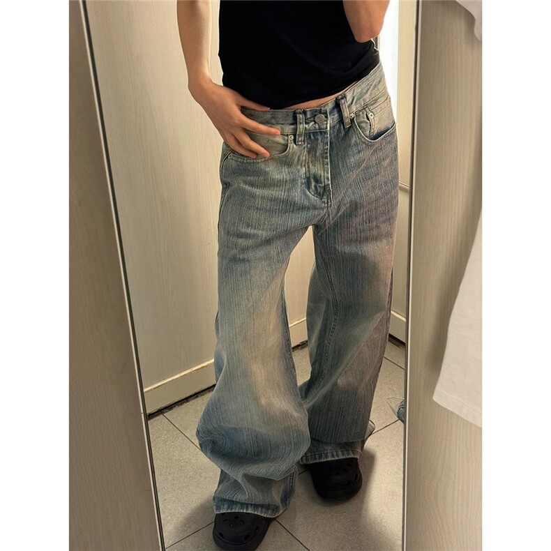 高级感cleanfit竹节纹水洗弯刀牛仔裤女美式复古百搭长裤,男装牛仔裤,星座506A