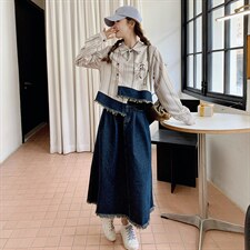 春现复古条纹牛仔拼接套装B190-5016-P170-K238，女装套装/套裙，2B190