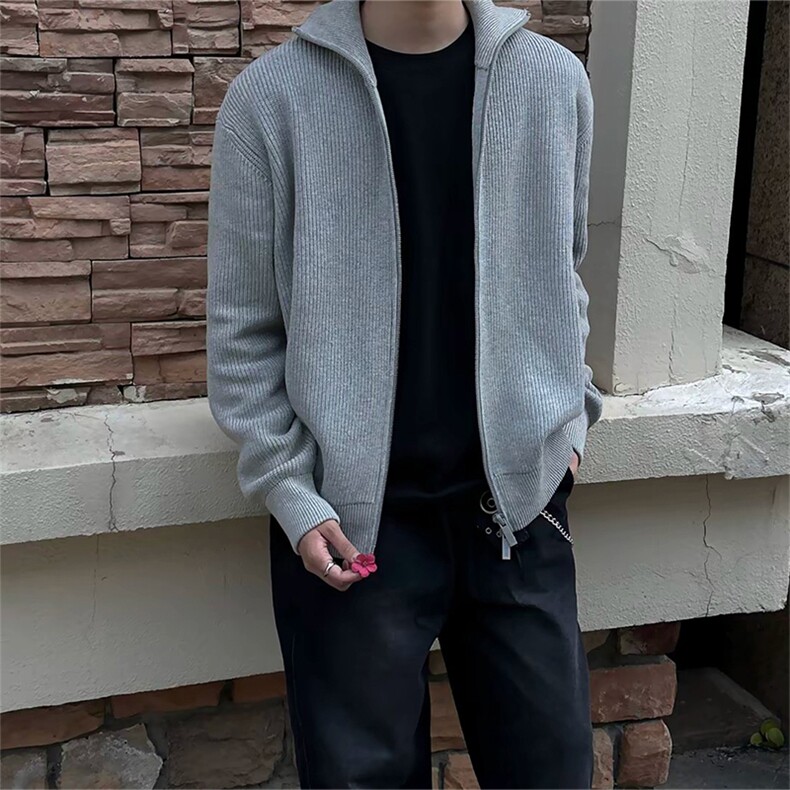 抖音得物保暖立领拉链针织外套秋冬宽松慵懒风纯色毛衣上衣AM02,男装针织衫/毛衣,电商A443