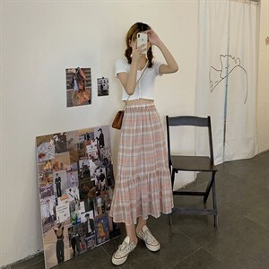 213#官图2021夏季新款韩版格子半身裙松紧腰复古中长款a字裙图片